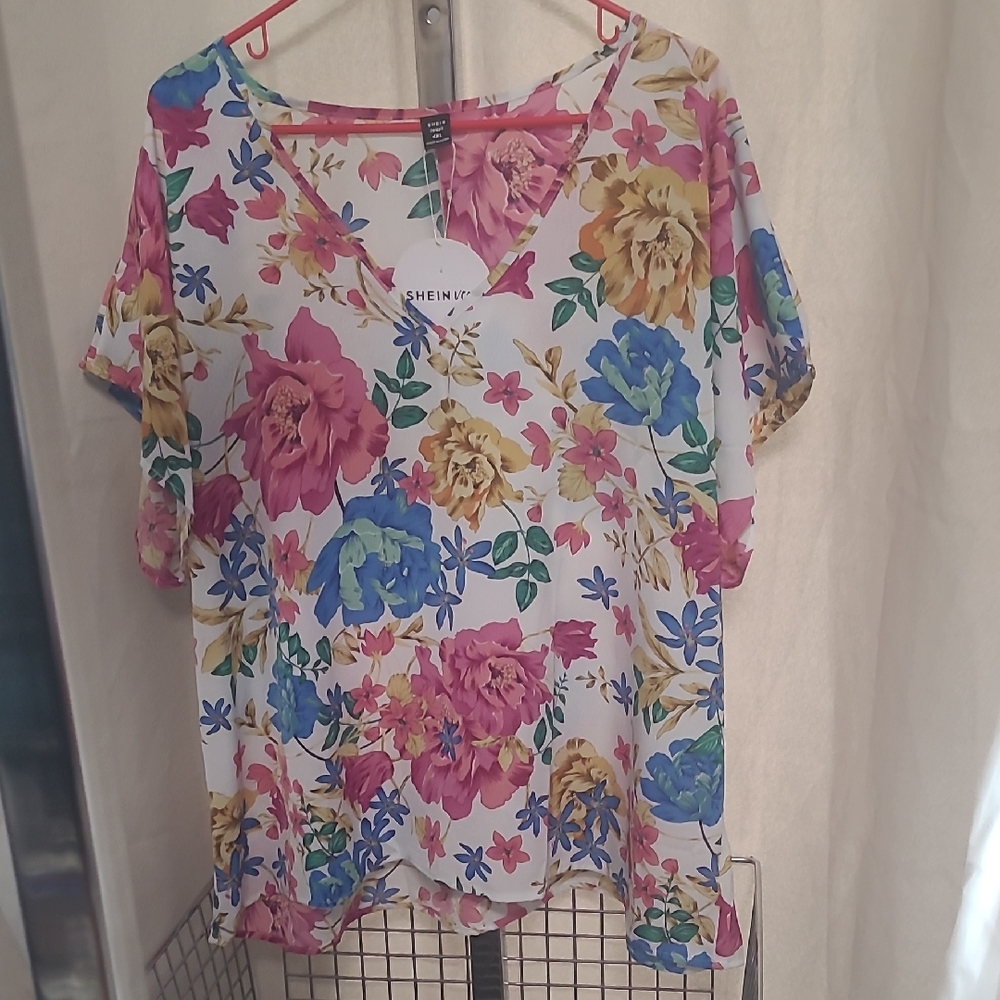 SHEIN Floral V-Neck Blouse - Pink, Blue, Yellow